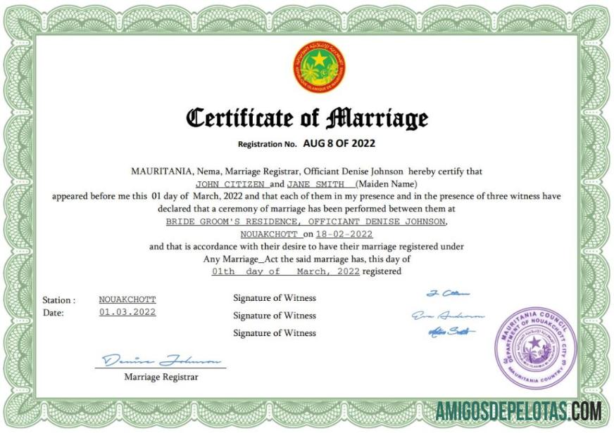 Realista modelo Word e PDF de certidão de casamento da Mauritânia